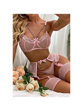 SEXY Eyelash Fishnet Lingerie Chain Babydoll Underwire Bra Panty Set Garter Belt